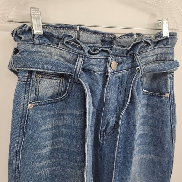 Pretty little thing womens UK 10 US 6 blue paper bag belted waist raw hem jeans - Picture 2 of 8
